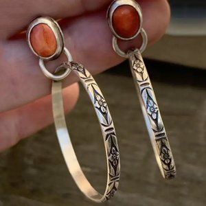 Vintage Boho Earrings Carved Flower Metal Red Silver - NEW